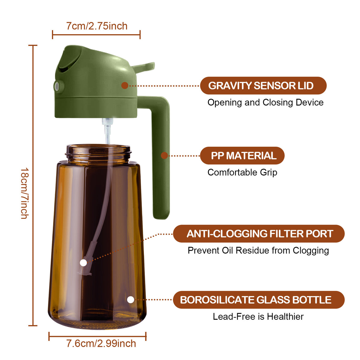 Dark brown glass oil sprayer with a green lid, showing dimensions and lid, handle and filter components.