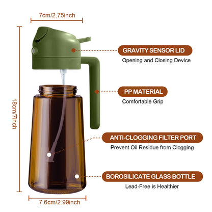 Dark brown glass oil sprayer with a green lid, showing dimensions and lid, handle and filter components.