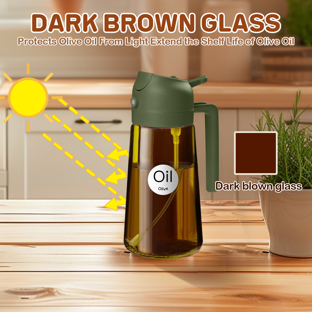 Dark brown glass oil dispenser with a green lid on a kitchen counter, illustrated with sunlight rays.