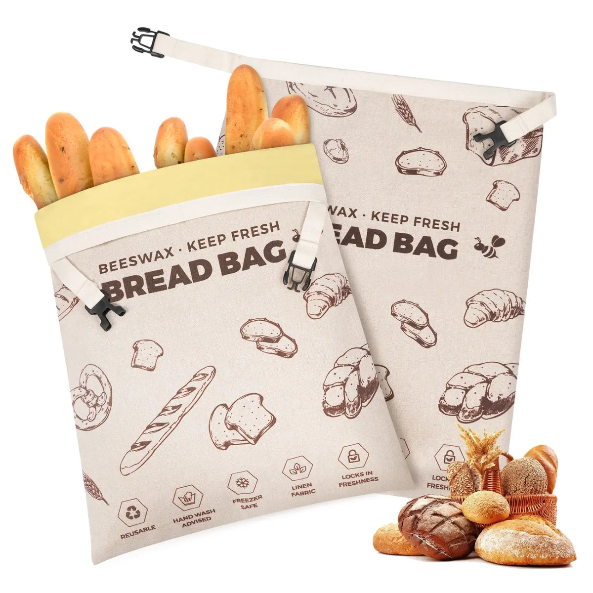 Two reusable beeswax bread bags are displayed, one filled with fresh baguettes and the other empty. The bags feature a beige design with illustrations of various bread types and the phrase Beeswax Keep Fresh Bread Bag prominently visible..#BrownWithout Zipper