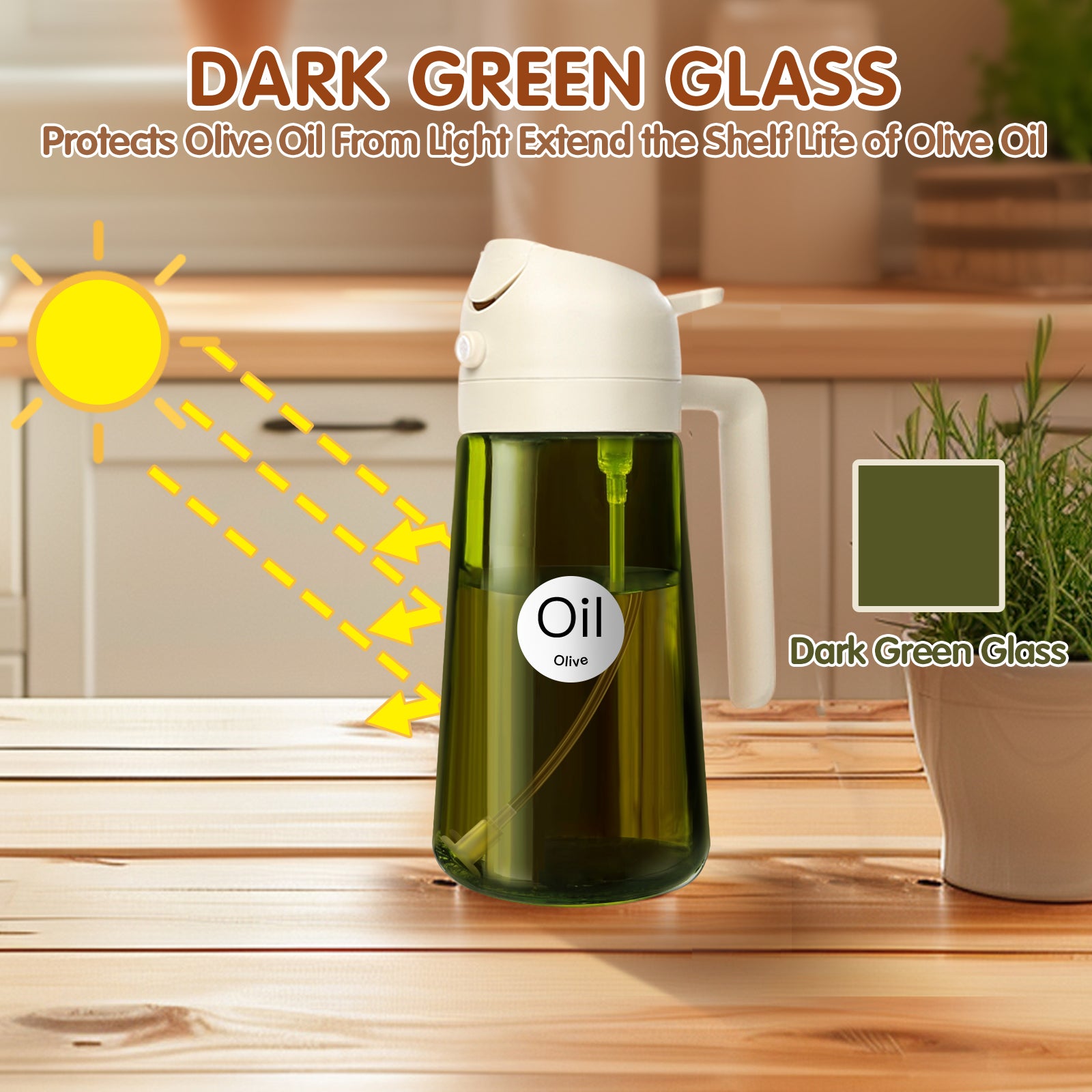 UV protection 2 in 1 Glass Oil Spray Bottle for kitchen cooking 16oz/470ml Dark Green glass oil jar