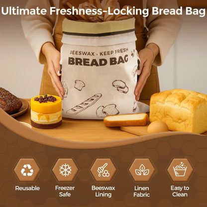 A person holding a reusable beeswax bread bag with the words KEEP FRESH and BREAD BAG printed on it, surrounded by various baked goods including a loaf of bread, a round cake, and pastries. The bag is designed for sustainable food storage..#Brown