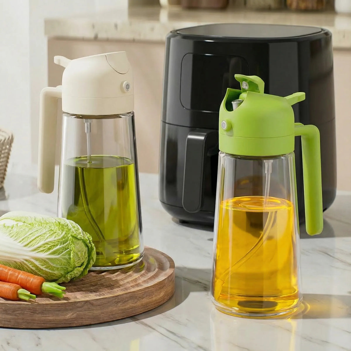 2-in-1 Olivenöl-Sprühflasche 2er-Pack zum Kochen | Ölspender aus Glas