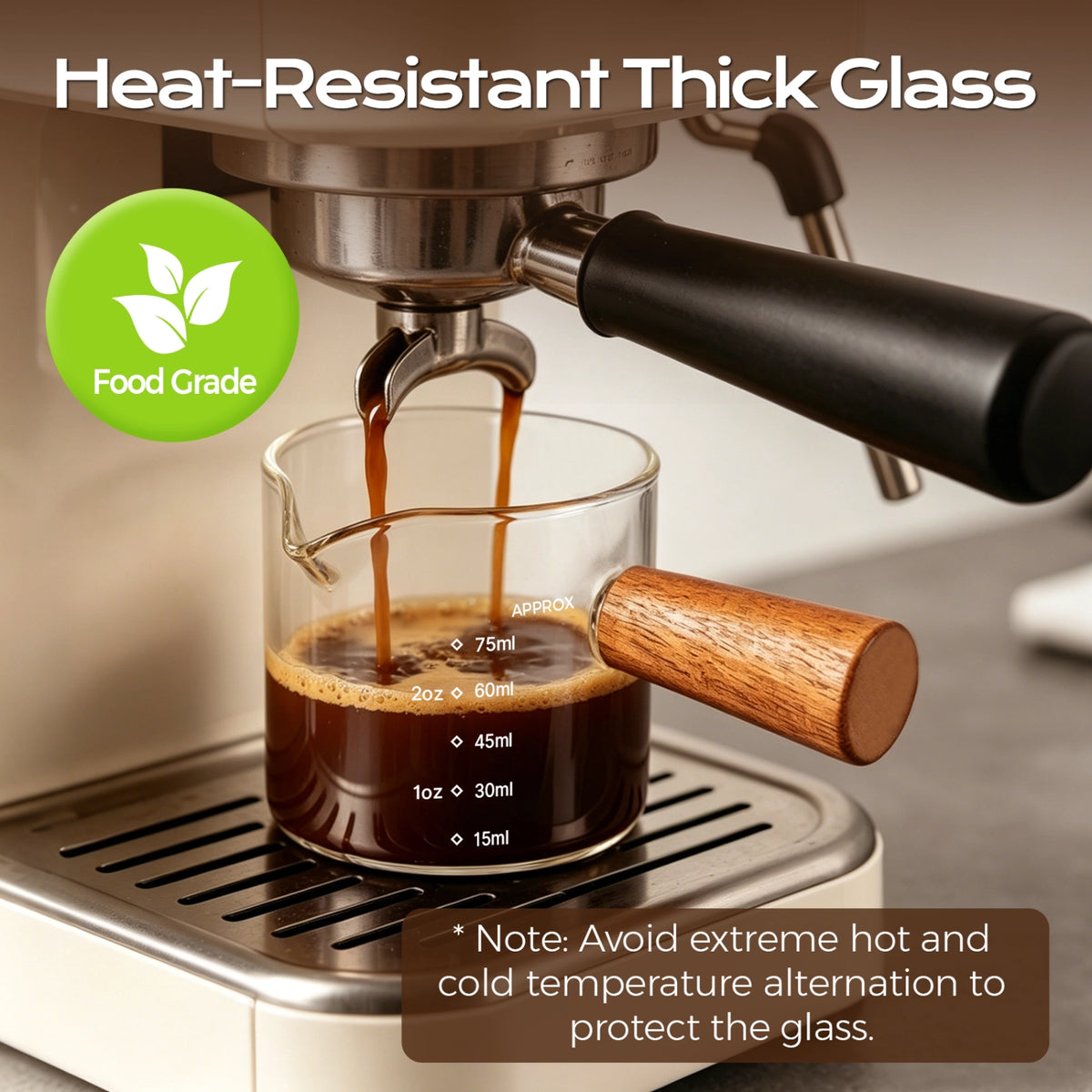 Espresso flowing from a coffee machine into a glass measuring cup with a wooden handle.