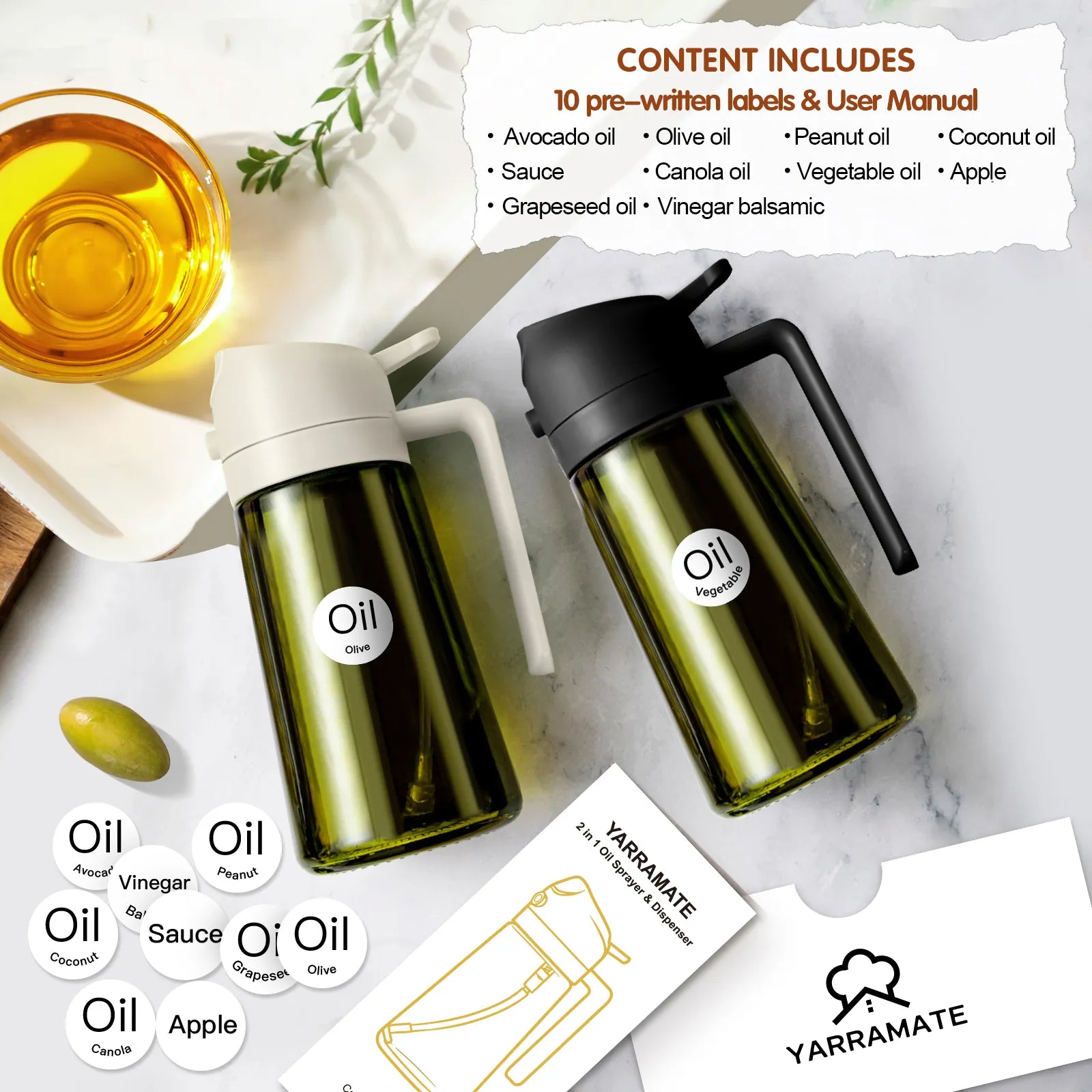 Multifunctional 2 in 1 Glass Oil Sprayer Bottle with dark glass 16oz/470ml Dark Green (White and black)