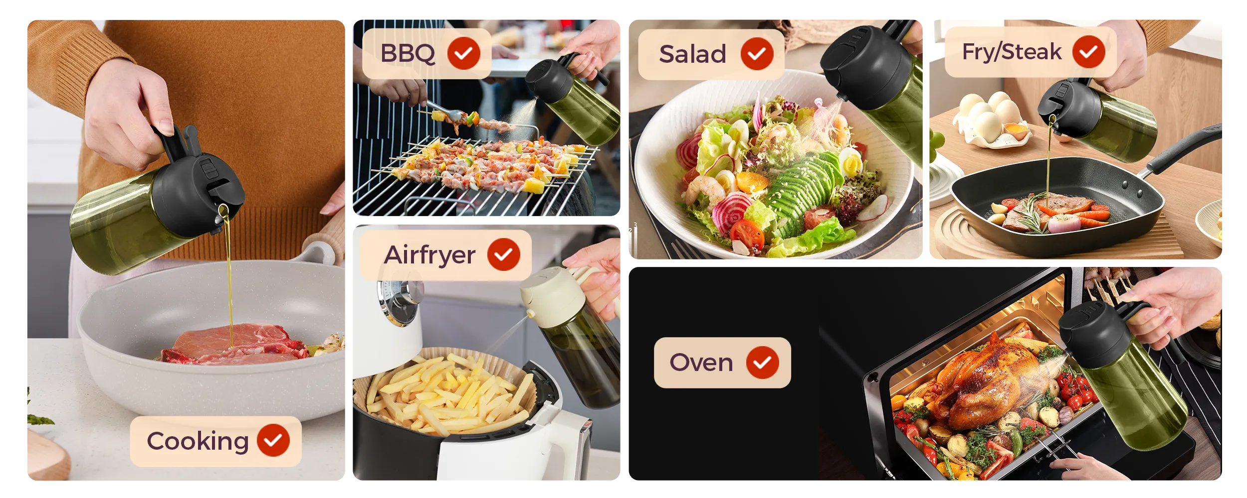 Collage showing a green 2-in-1 oil sprayer bottle used for cooking, BBQ, salad, frying steak, air fryer meals, and oven roasting