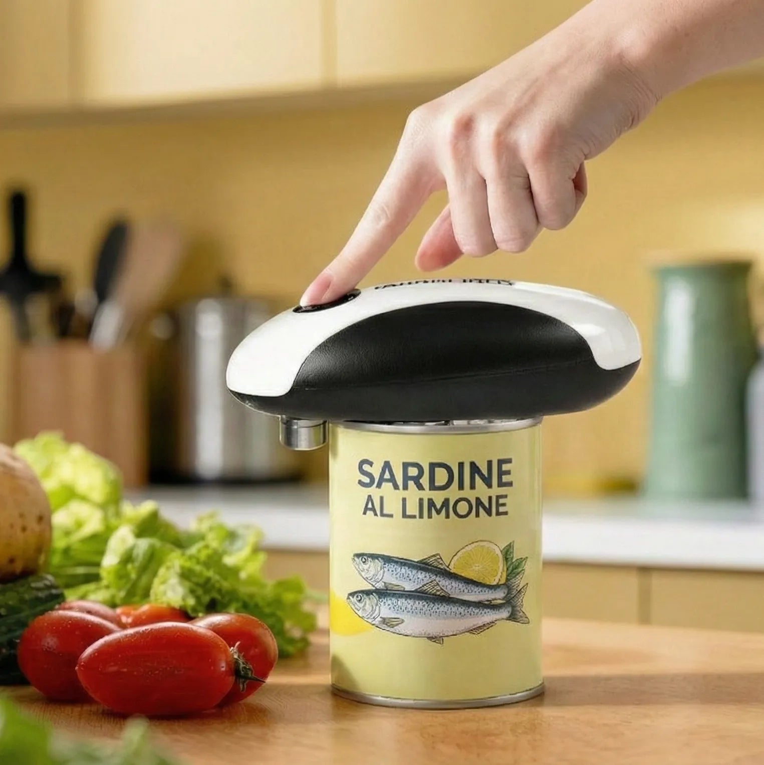 A hand pressing the top button of a white and black automatic electric can opener