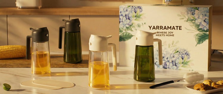 YARRAMATE oil sprayer set displayed in kitchen with multiple glass oil bottles and gift box packaging