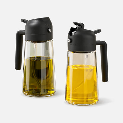 Two glass 2-in-1 oil sprayers with black and black spray heads.