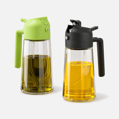 Two glass 2-in-1 oil sprayers with black and green spray heads.
