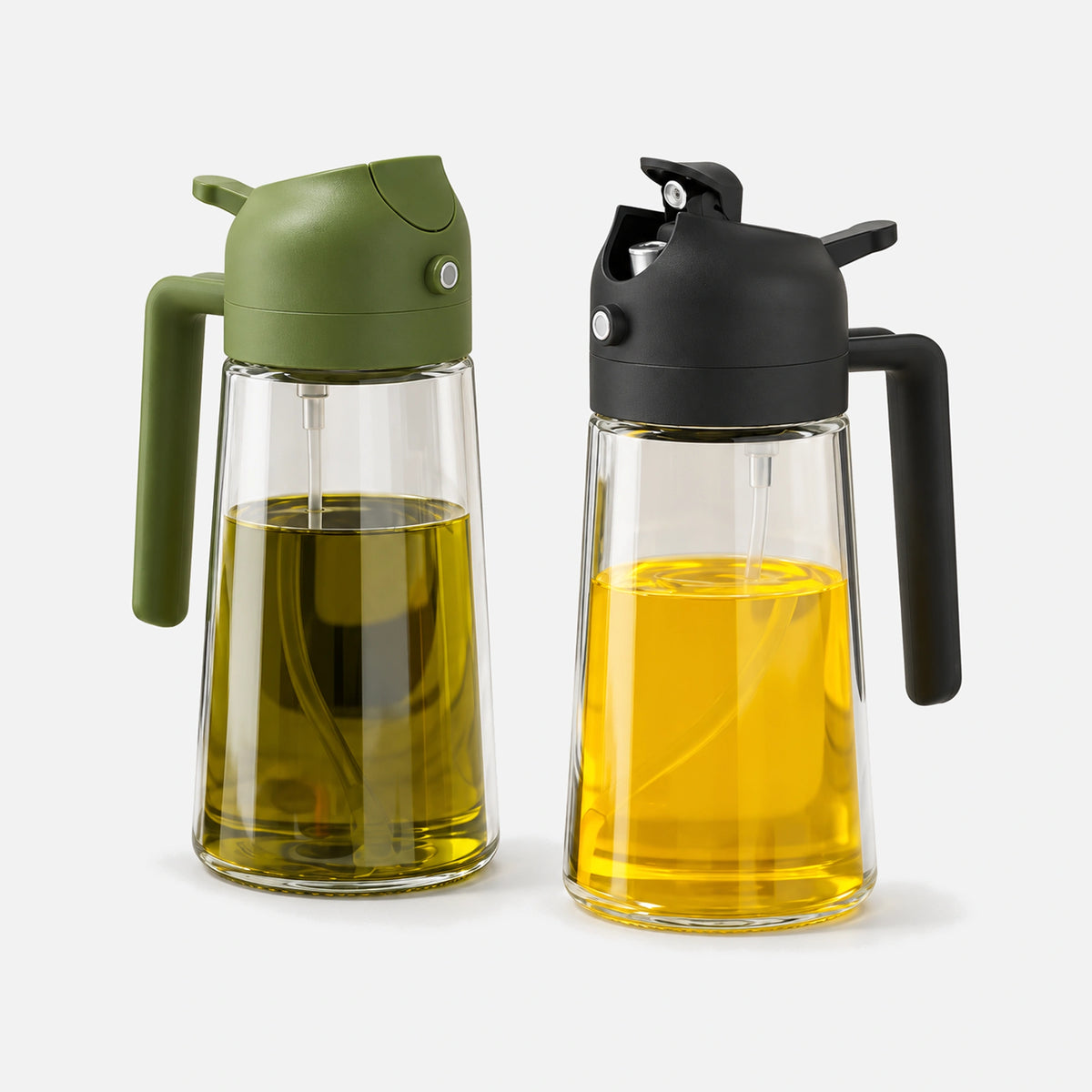 Two glass 2-in-1 oil sprayers with black and olive green spray heads.