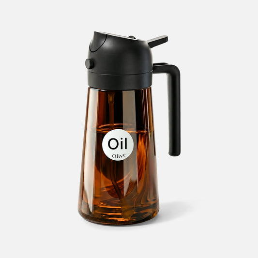 Dark brown glass 2-in-1 oil sprayer with a black spray head.