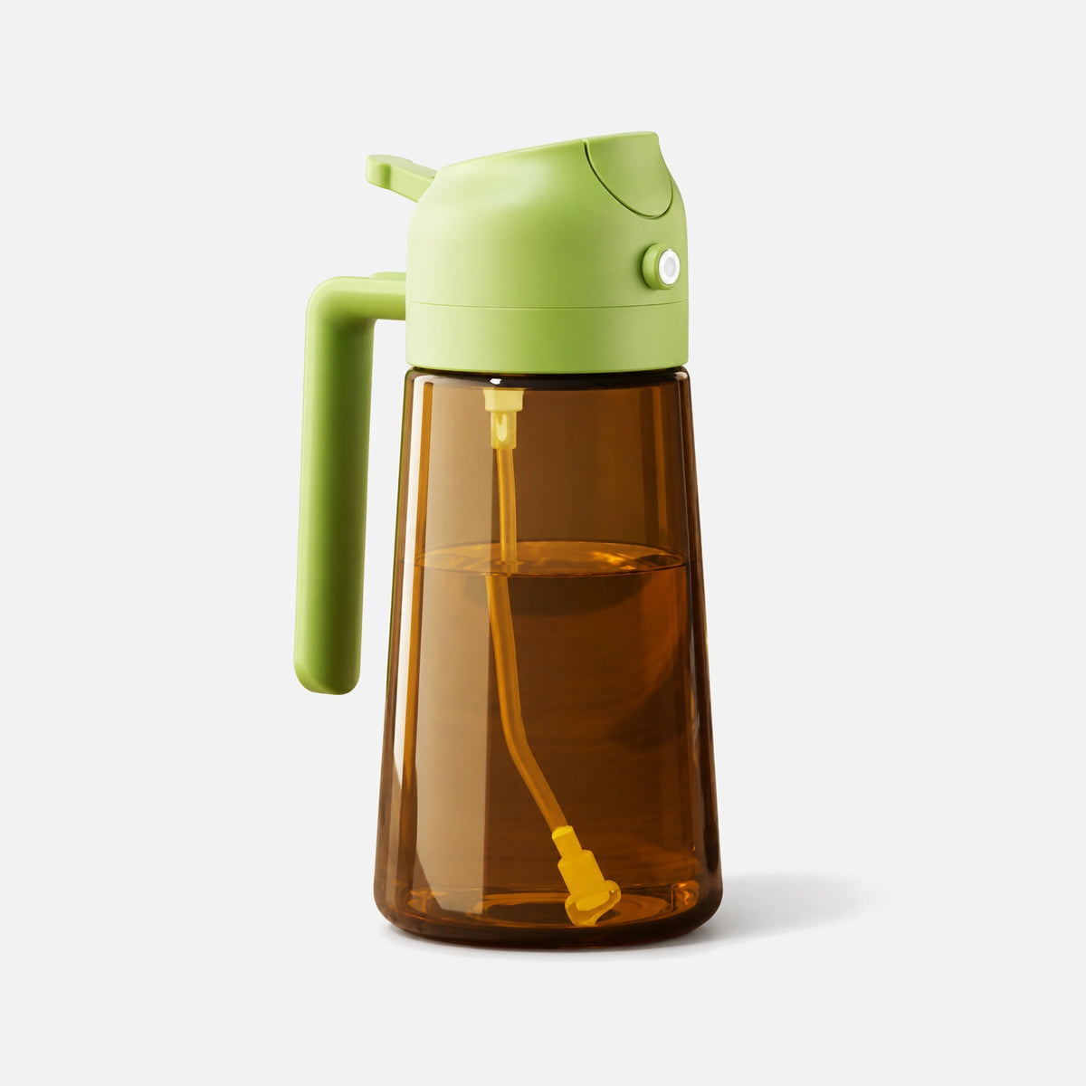 Dark brown glass 2-in-1 oil sprayer with a green spray head.