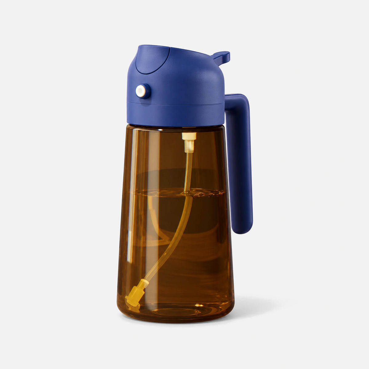 Dark brown glass 2-in-1 oil sprayer with a navy spray head.