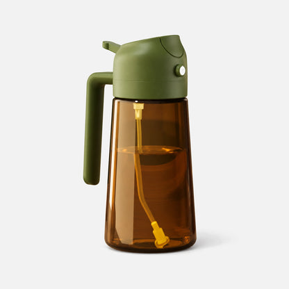 Dark brown glass 2-in-1 oil sprayer with a olive green spray head.