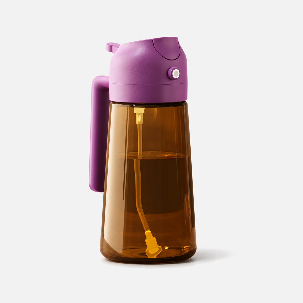 Dark brown glass 2-in-1 oil sprayer with a purple spray head.