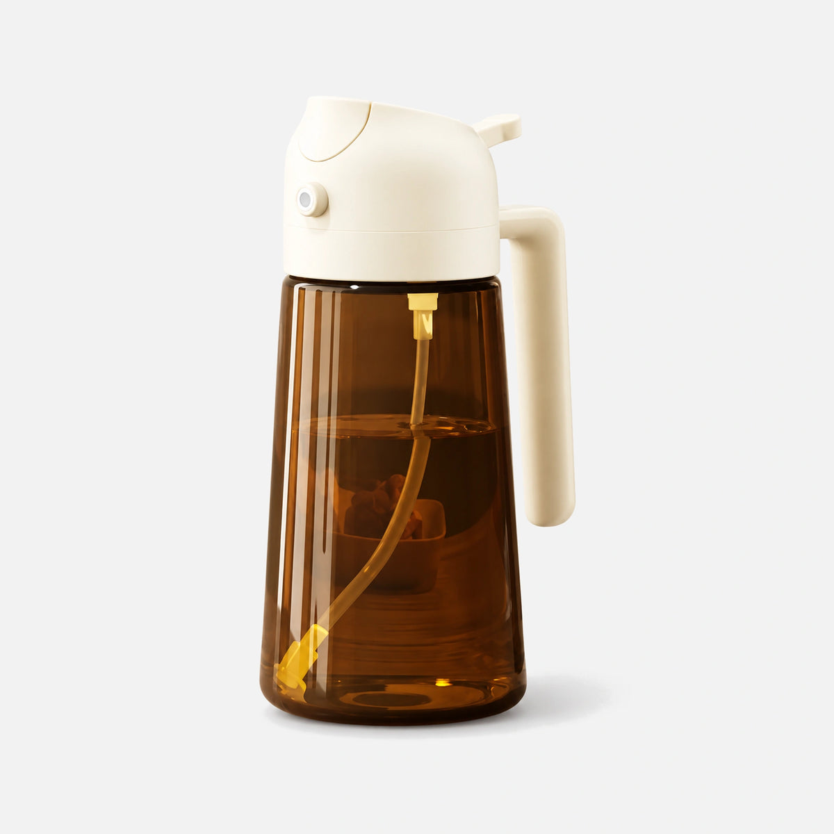 Dark brown glass 2-in-1 oil sprayer with a white spray head.
