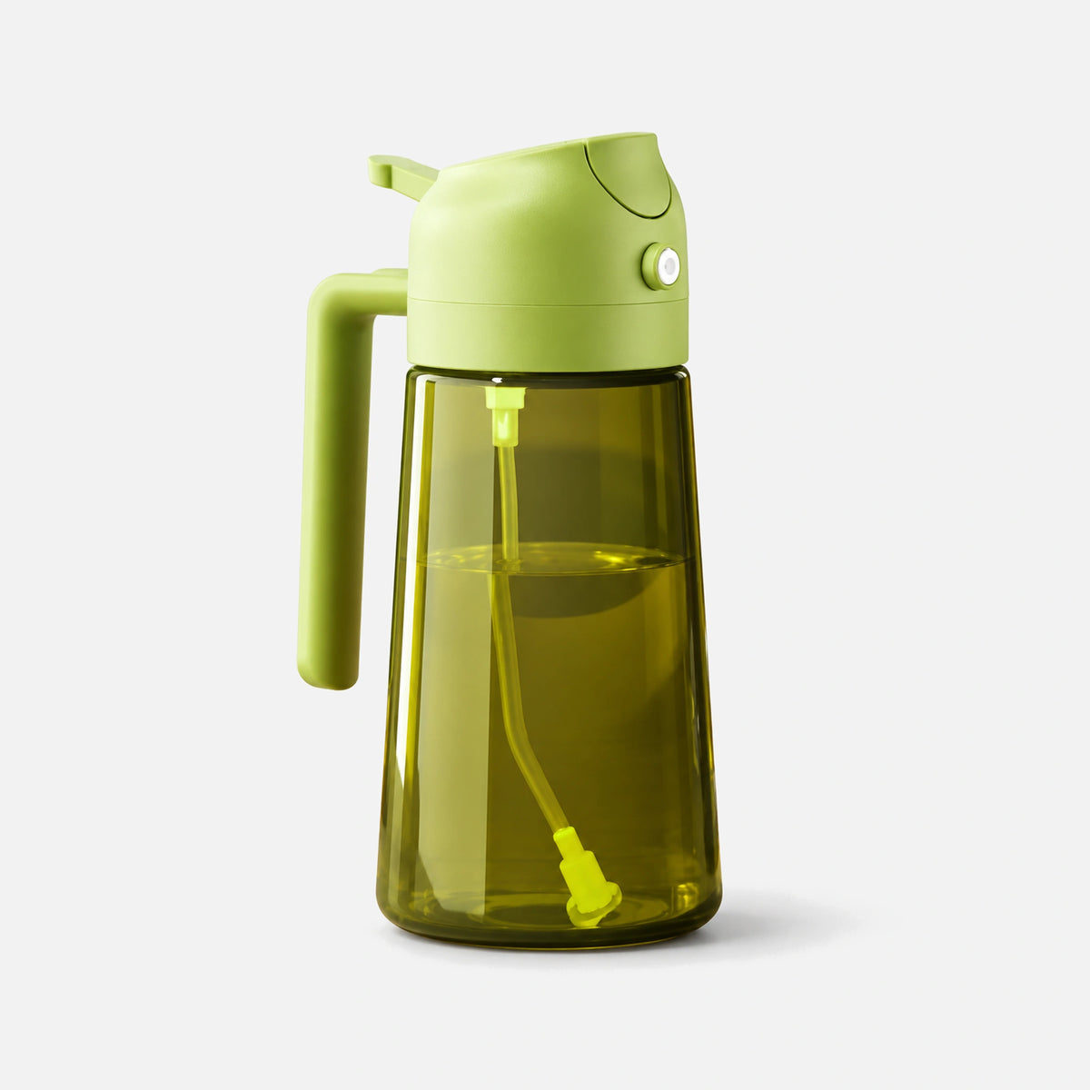 Dark green glass 2-in-1 oil sprayer with a green spray head.