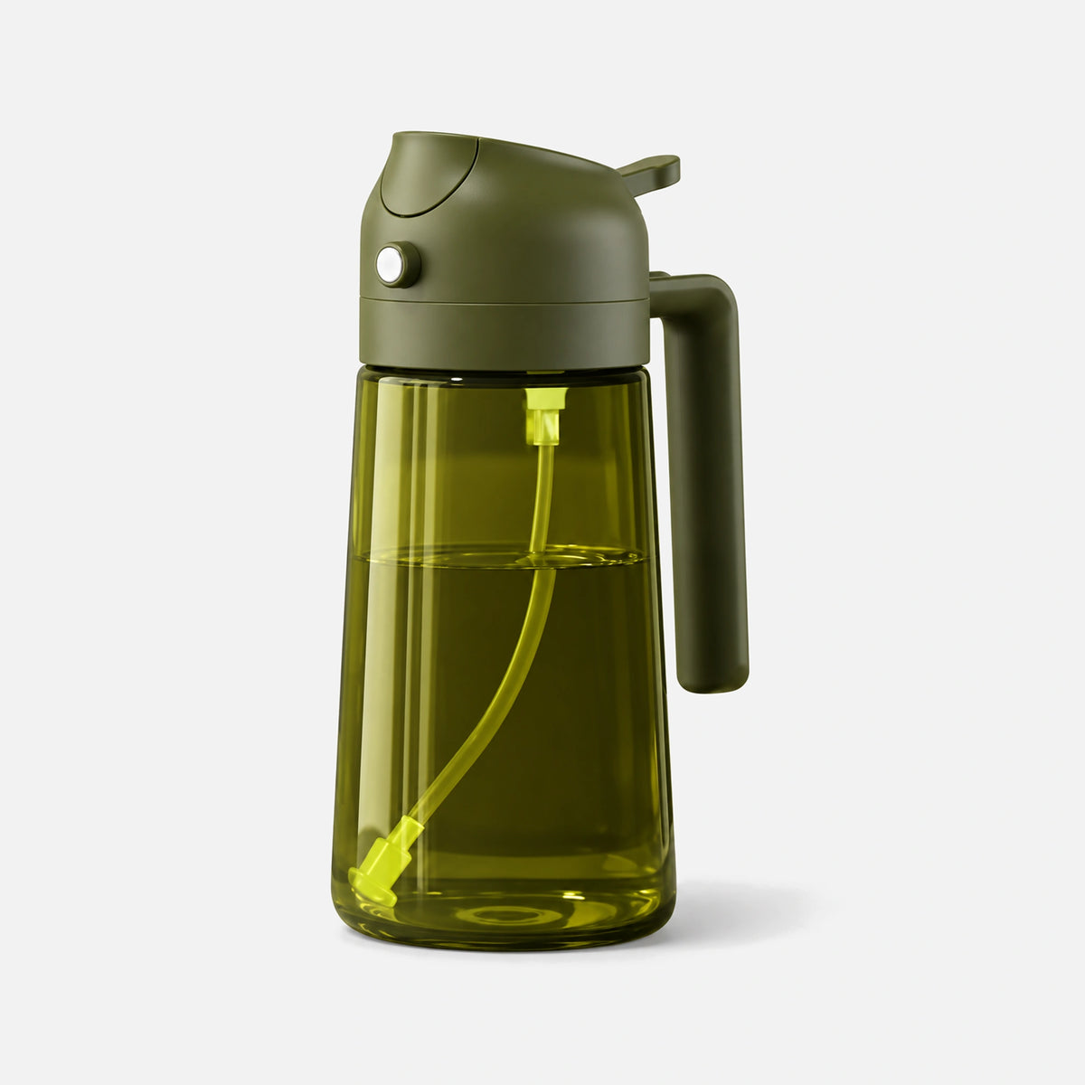Dark green glass 2-in-1 oil sprayer with a olive green spray head.