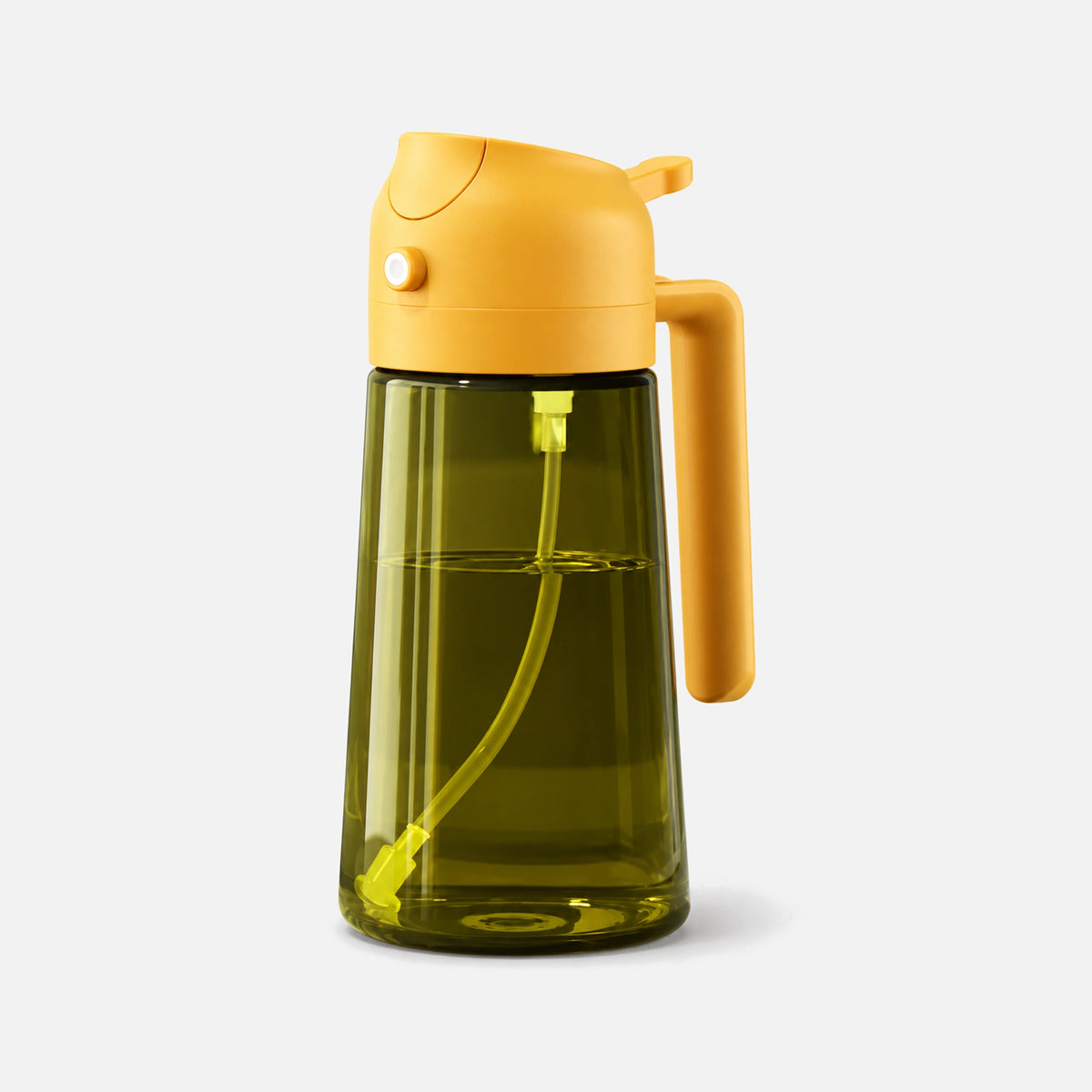 Dark green glass 2-in-1 oil sprayer with a orange spray head.