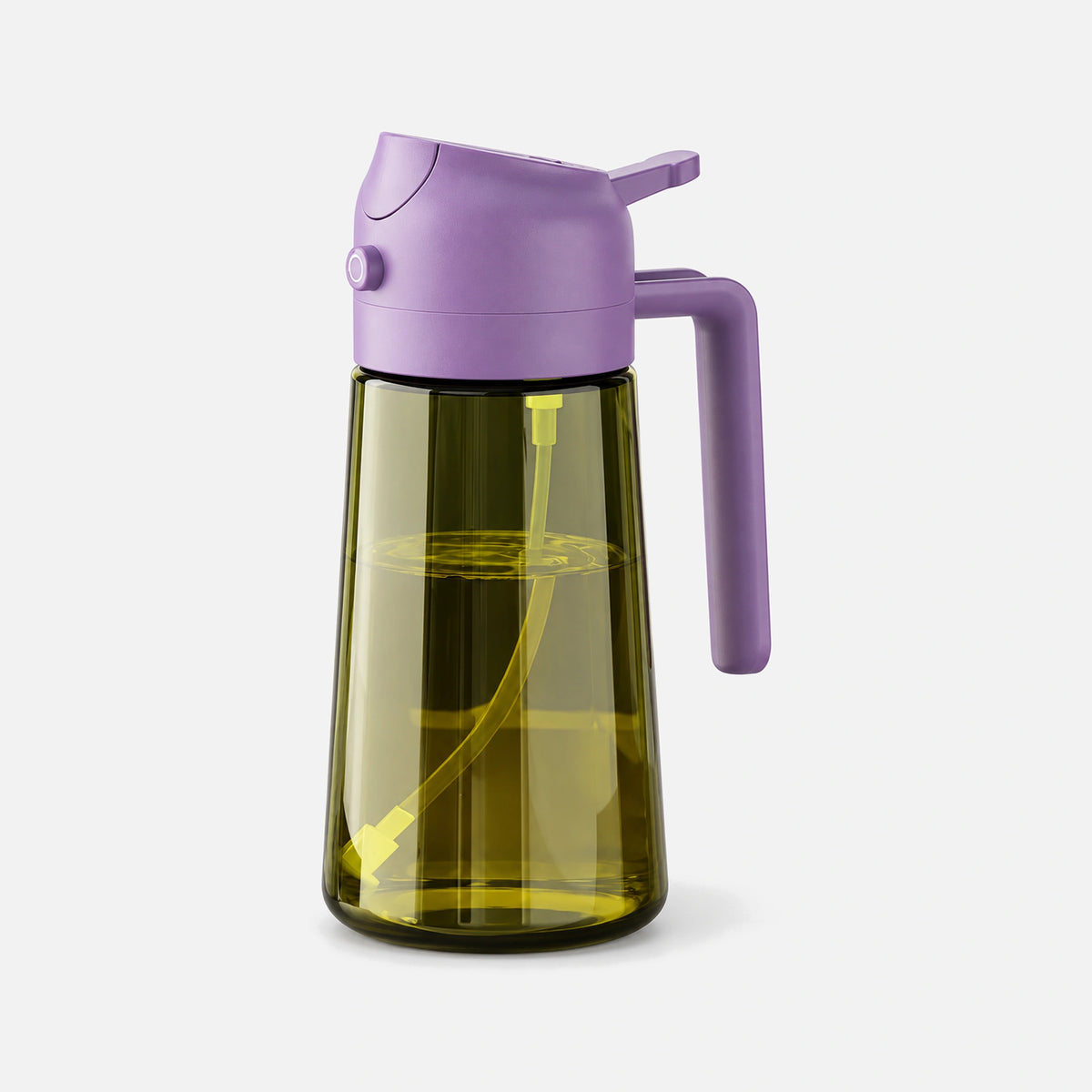 Dark green glass 2-in-1 oil sprayer with a purple spray head.
