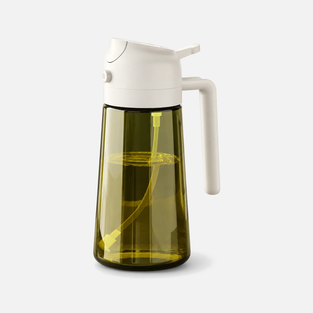 Dark green glass 2-in-1 oil sprayer with a white spray head.