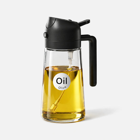 Clear glass 2-in-1 oil sprayer with a black spray head.