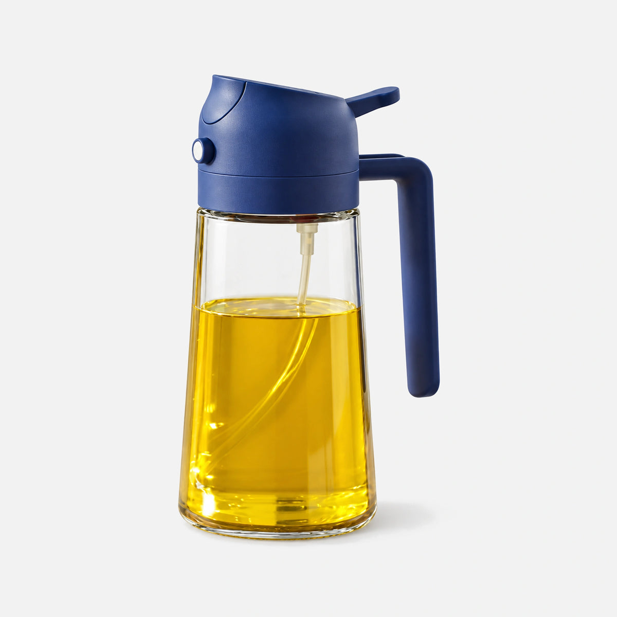 Clear glass 2-in-1 oil sprayer with a navy spray head.