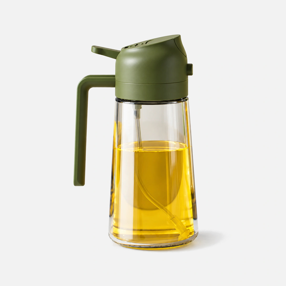 Clear glass 2-in-1 oil sprayer with a olive green spray head.