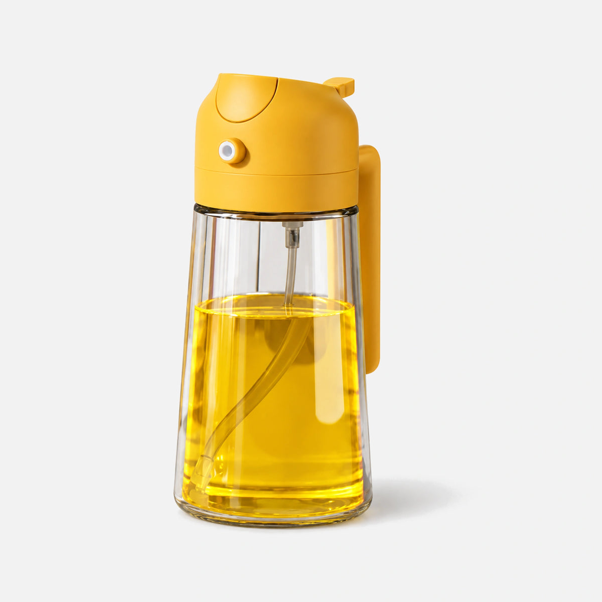 Clear glass 2-in-1 oil sprayer with a orange spray head.