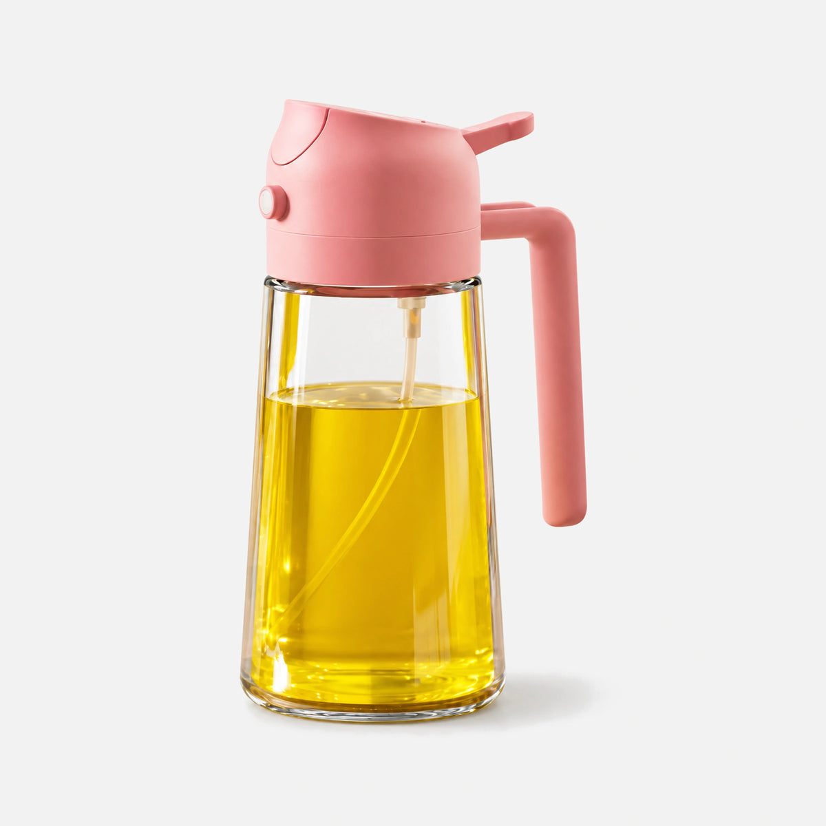 Clear glass 2-in-1 oil sprayer with a pink spray head.