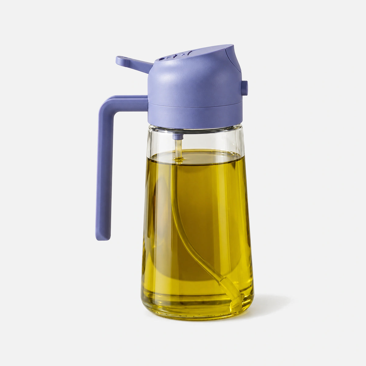 Clear glass 2-in-1 oil sprayer with a purple spray head.