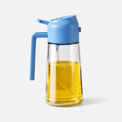 Clear glass 2-in-1 oil sprayer with a sky blue spray head.