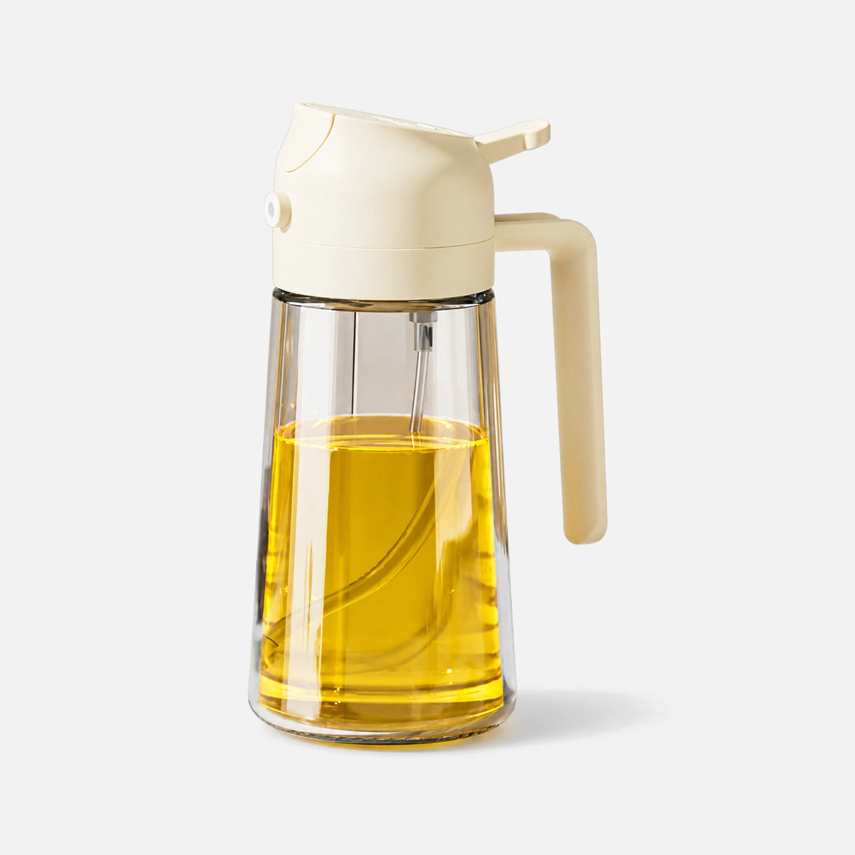 Clear glass 2-in-1 oil sprayer with a white spray head.