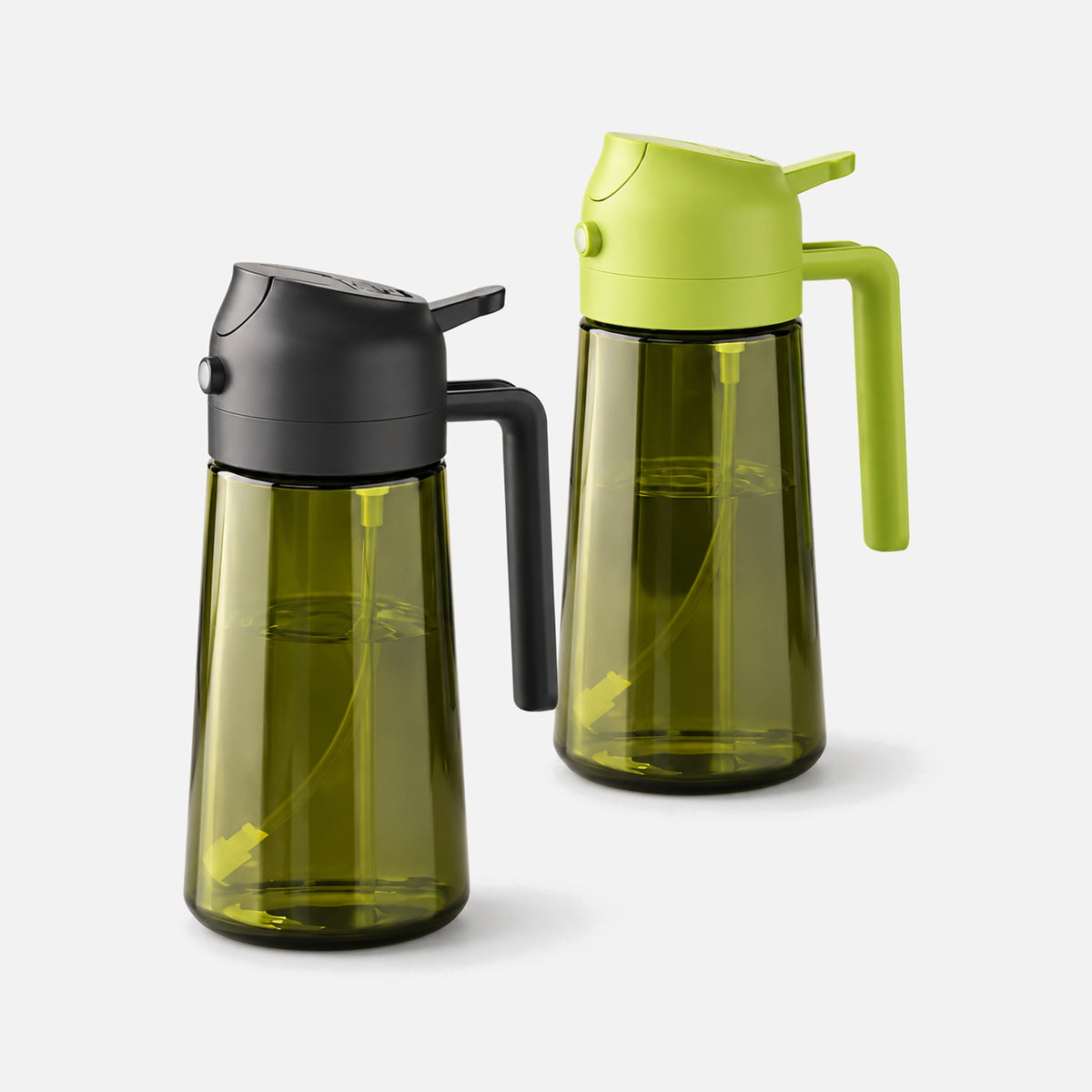 Two dark green glass oil sprayers with black and green spray heads.