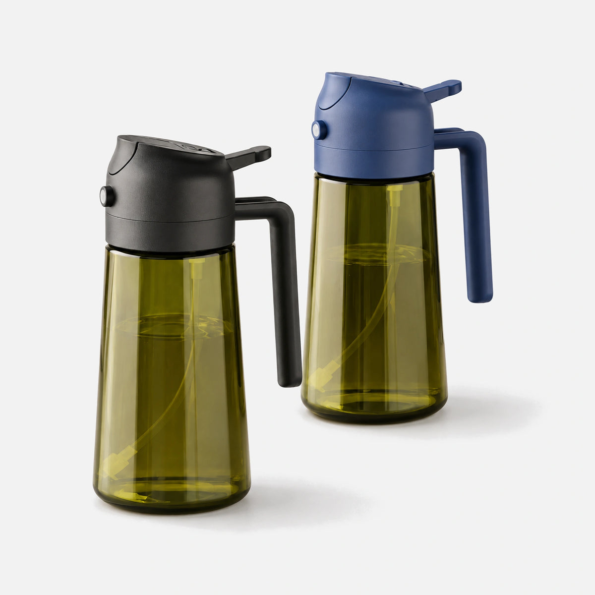 Two dark green glass oil sprayers with black and navy spray heads.