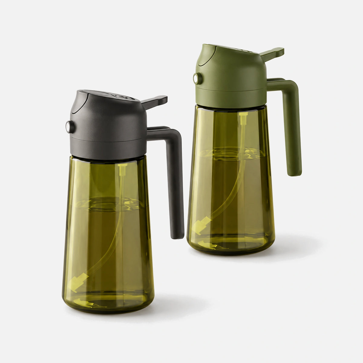 Two dark green glass oil sprayers with black and olive green spray heads.