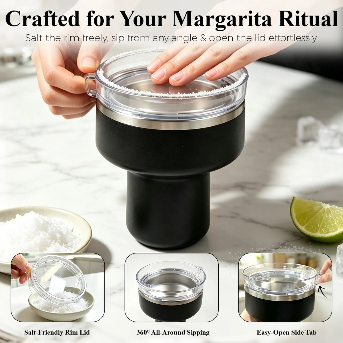 Margarita salt-rim lid and removable straw opening