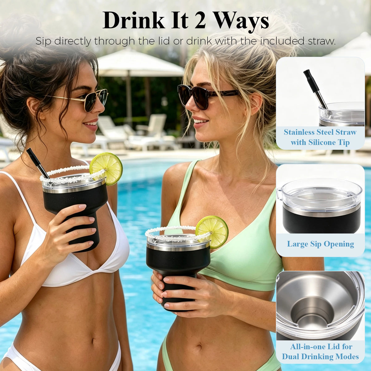 Two ways to drink: salt rim or stainless steel straw