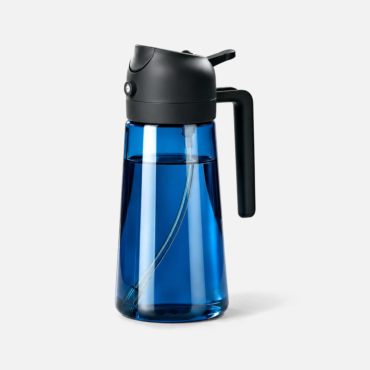 Dark blue glass 2-in-1 oil sprayer with a black spray head.