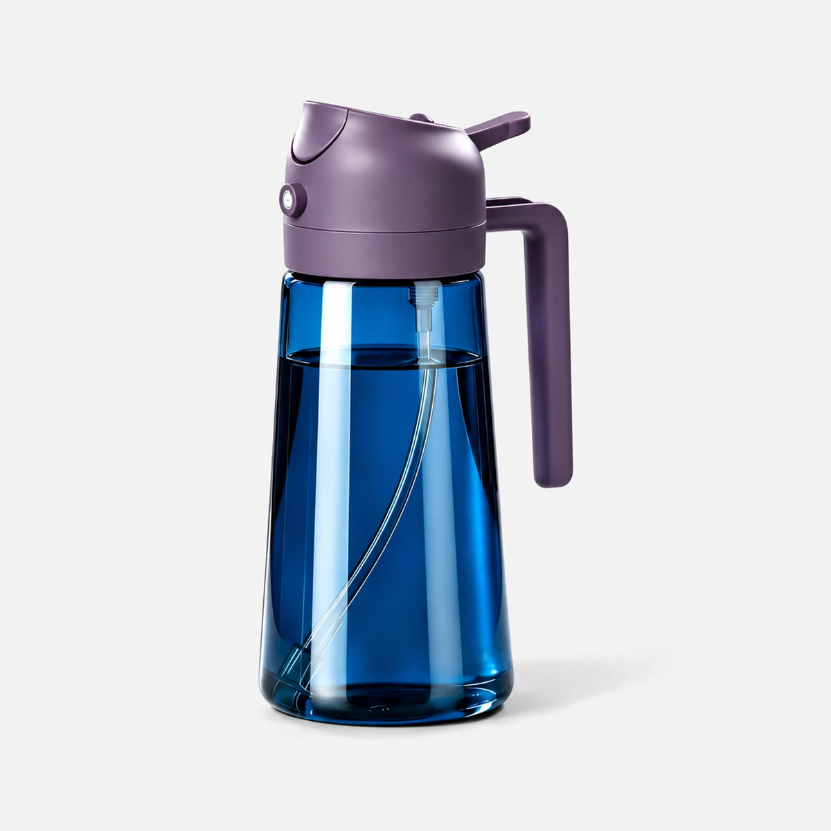 Dark blue glass 2-in-1 oil sprayer with a purple spray head.