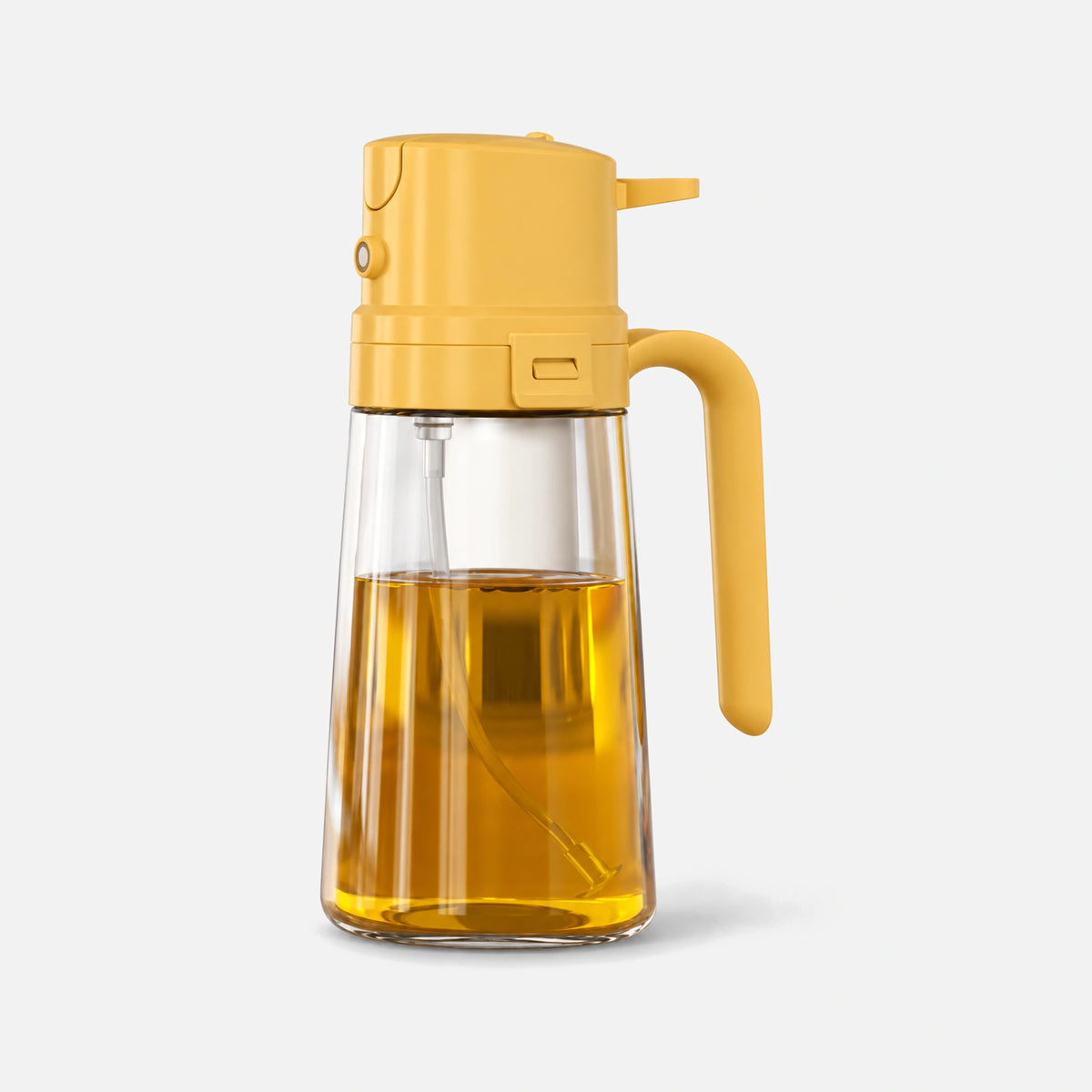 Pulverizador de aceite de vidrio recargable con cabezal y mango naranjas.