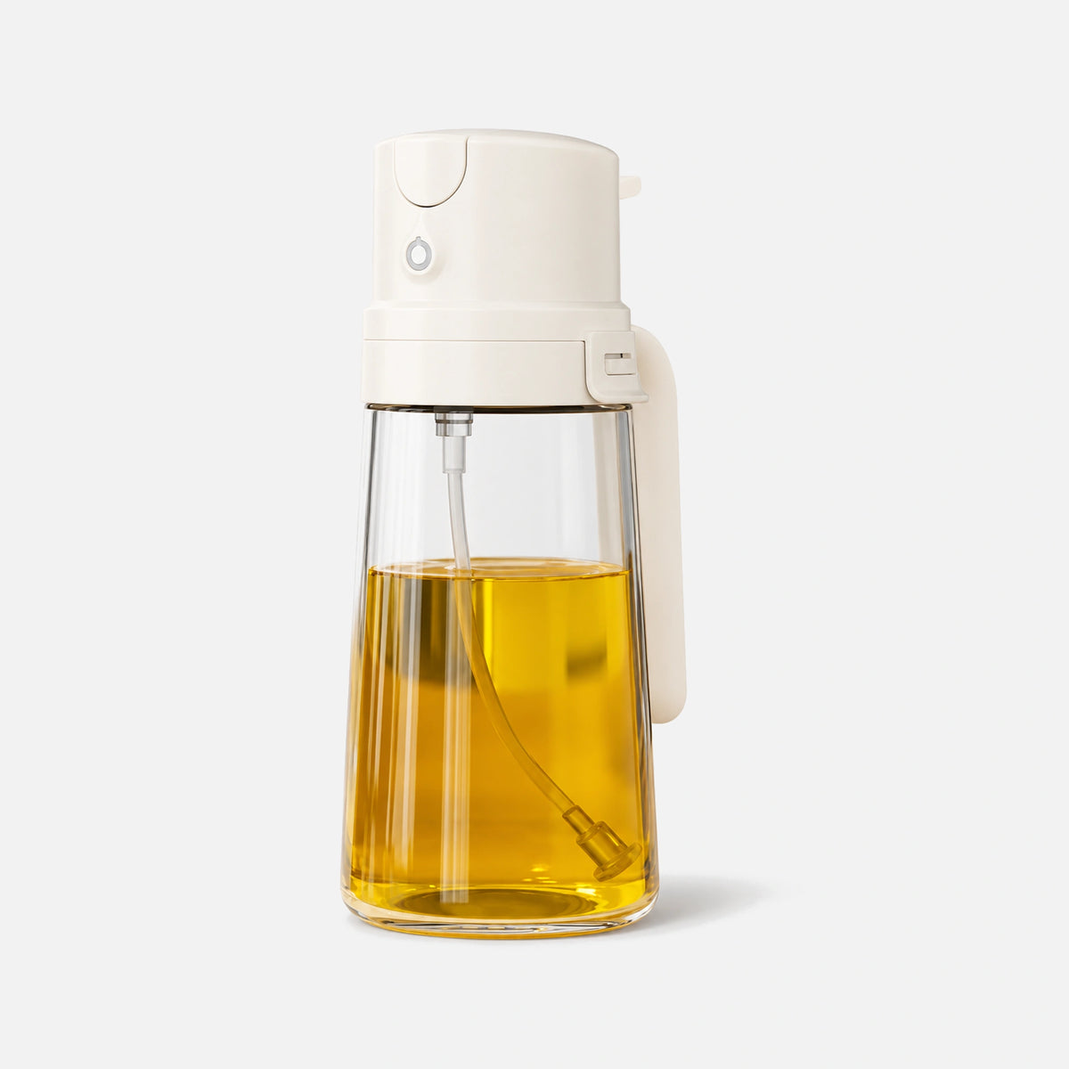 Pulverizador de aceite de vidrio recargable con cabezal y mango blancos.