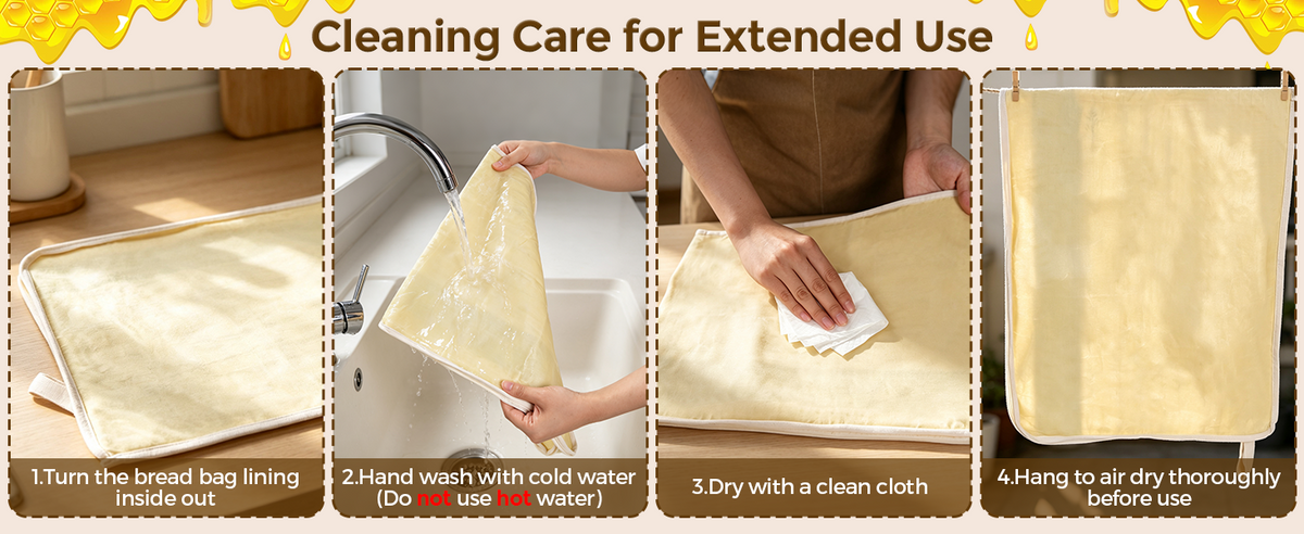 Gentle cold-water cleaning instructions for reusable bread bags