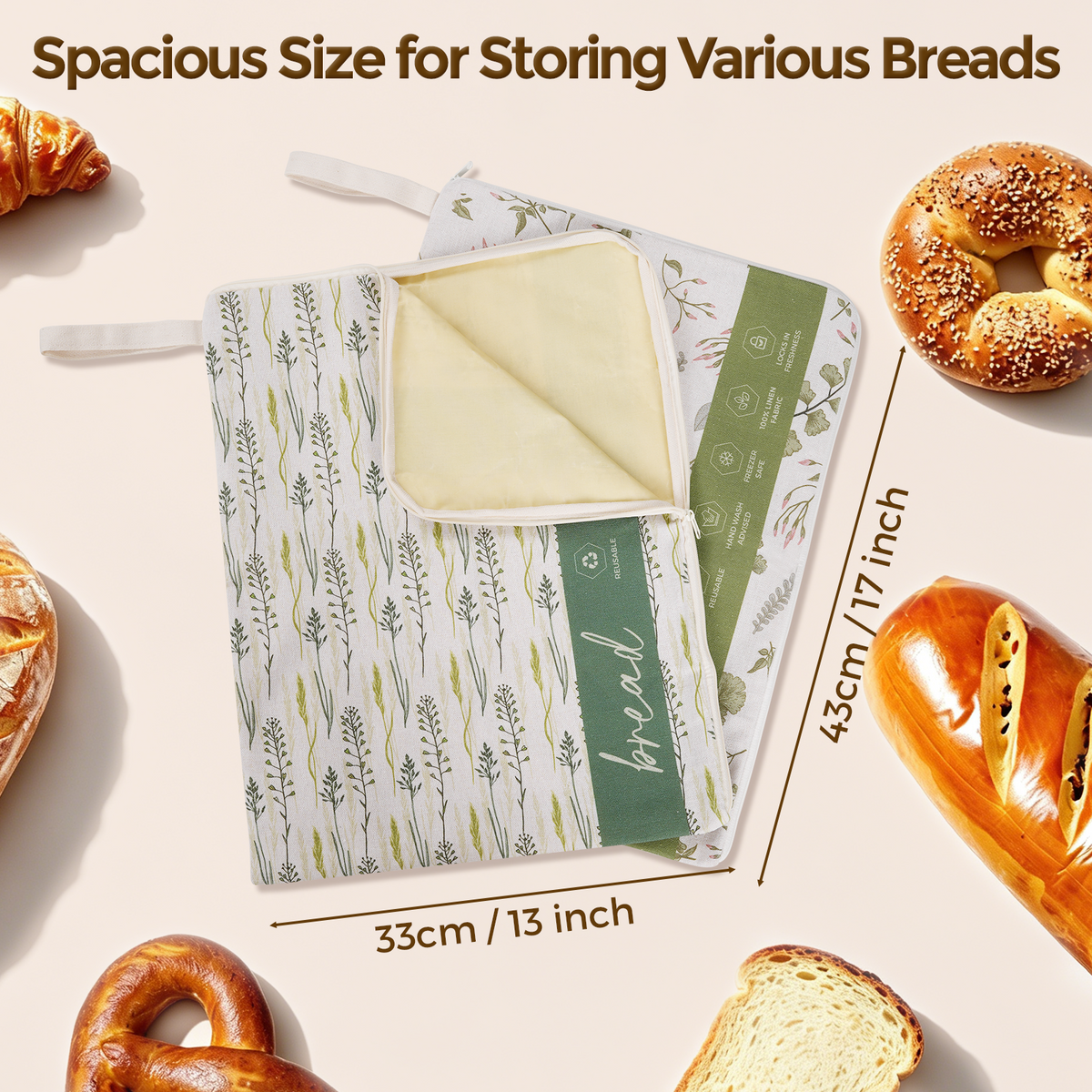 Bread bag dimensions: 17 by 13 inches, 43 by 33 cm