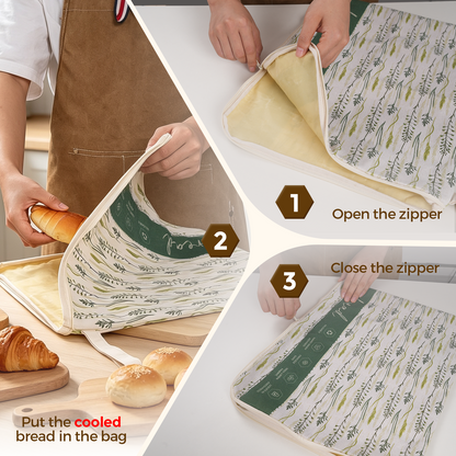 Open the L-shaped zipper, insert cooled bread and close the bag