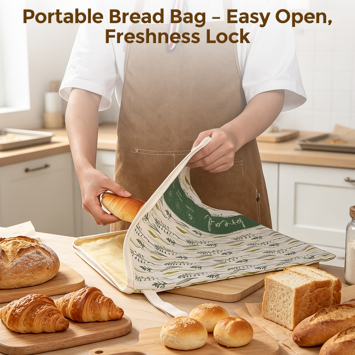 Placing a cooled loaf into the wide L-shaped zipper bread bag