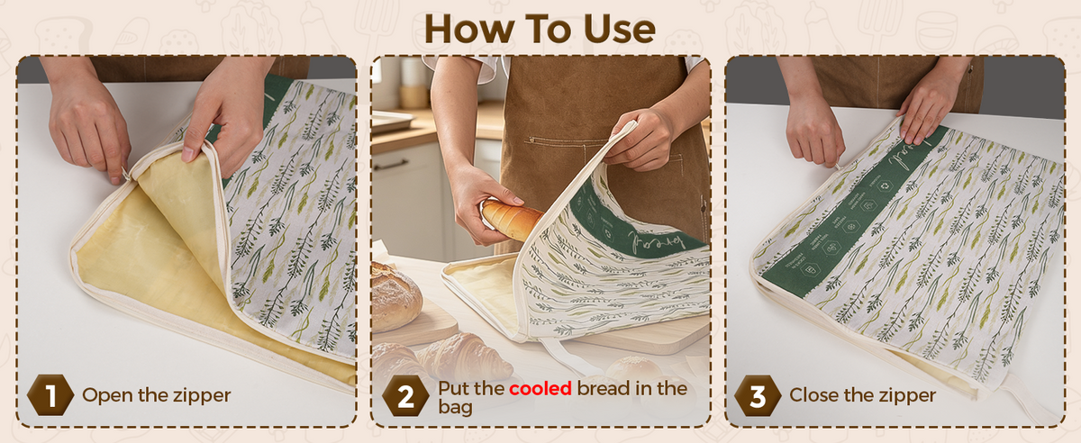 Three steps for using the L-shaped zipper bread bag