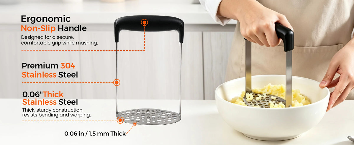 Wide handle and stainless steel construction