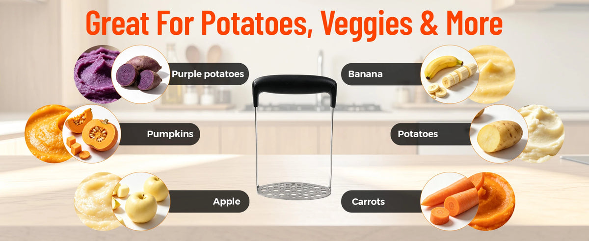 Potato masher for cooked vegetables and soft fruit